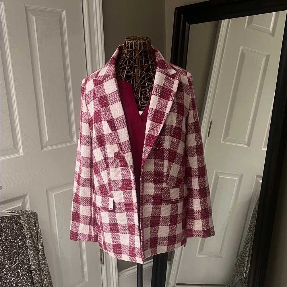 Liz Claiborne Pink and White Plaid Blazer